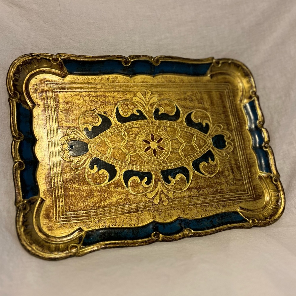 Italian Florentine Gold Gilded Rectangular Wooden Tray Vintage Handmade